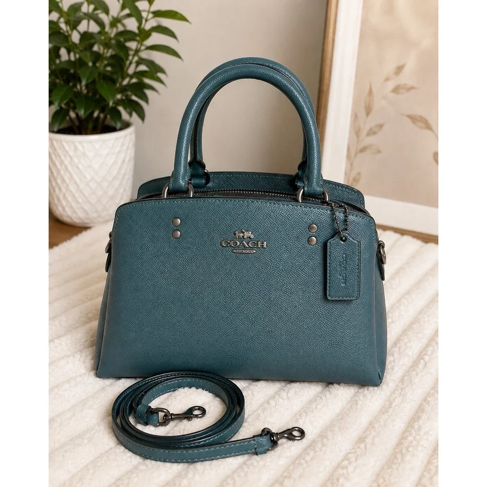 Coach Mini Lillie Carryall Forest Green Crossgrain Leather Satchel Crossbody Bag